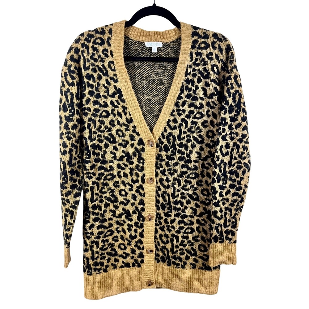 ABOUND Leopard Print Cardigan Sweater XS Tan Black Button Front Animal Print